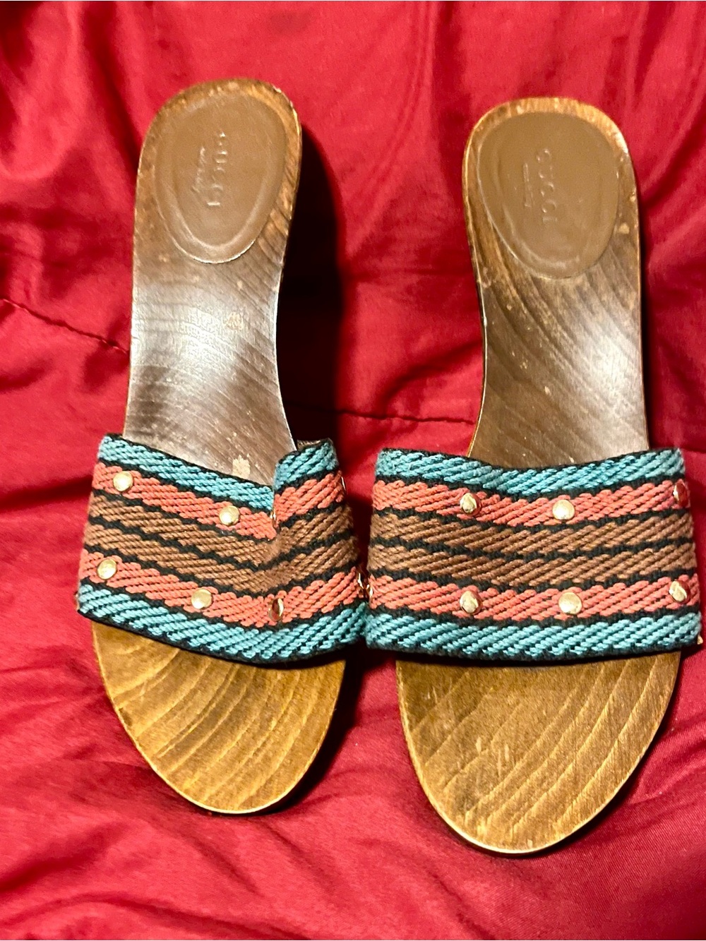VTG Wmns Gucci Striped Canvas Wooden Wedges (9)